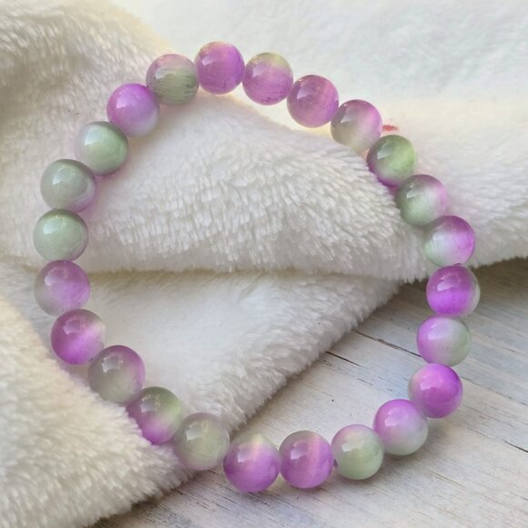 Cat’s Eye Gemstone Bracelet – Handmade w/ Purple & Green Beads for Focus & Luck - Picture 2 of 15